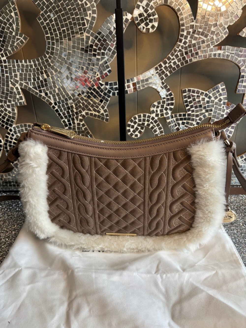 🌟Brahmin Quilted Taupe Shoulder Bag with Faux Fur Trim